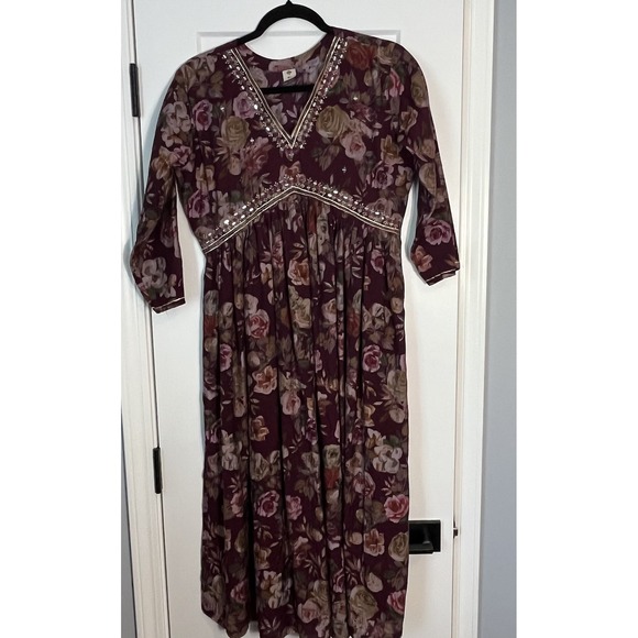 The Unbranded Brand Other - Indian‎ Burgundy Floral Dress Tunic Women's XL Embellished V-neck Party Festival